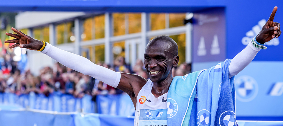 Kenyan runner, Eliud Kipchoge, celebrates at the finish-line after resetting the marathon world record by 30 seconds at the BMW Berlin Marathon on Sunday, September 25, 2022. The Abbott-sponsored athlete finished the race in 02 hours 01 minute and 09 seconds (02:01:09). (Photo by Omer Messinger/AP Images for Abbott)